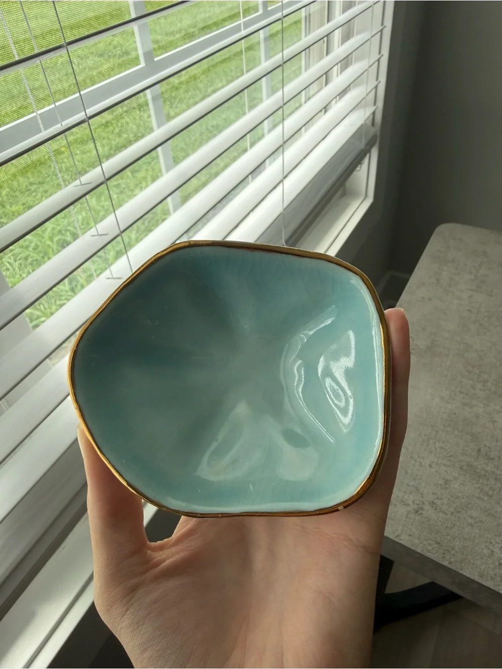 Seafoam Ceramic Jewelry Dish with Gold Trim